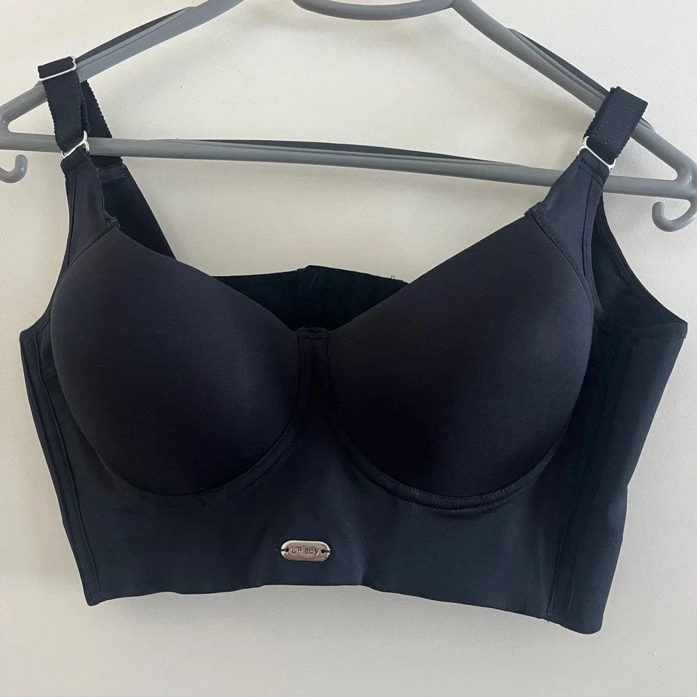 UPlady‎ Underwire Full Coverage Longline Bra 36C Black Firm Support Wide Straps